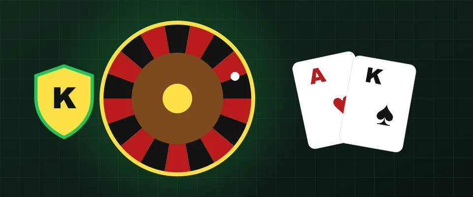 Kinbet live casino illustration with a roulette wheel and playing cards