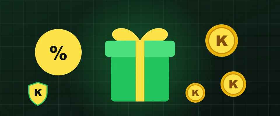 Casino Kinbet rewards illustration with a gift box, a percent badge and coins
