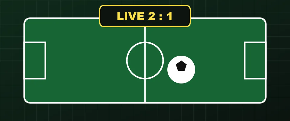 Kinbet sports betting illustration with a football pitch and a live match board